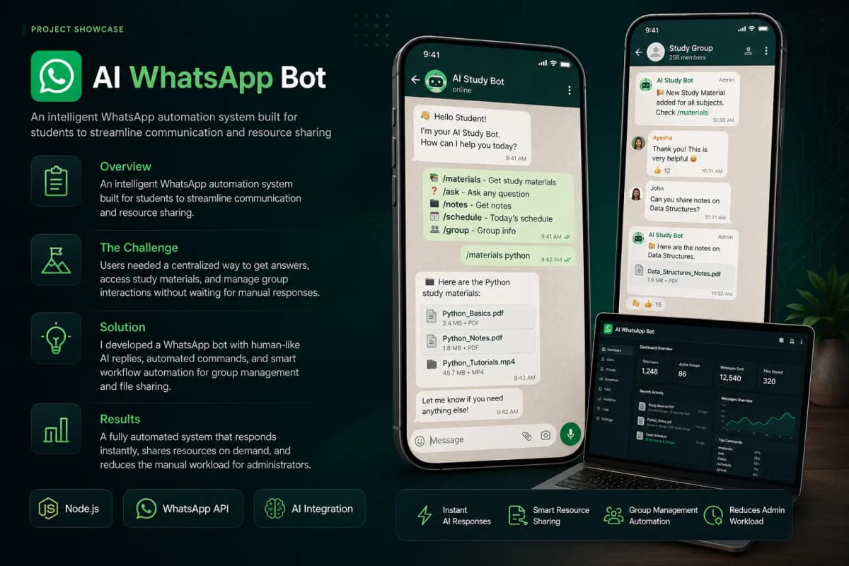 AI WhatsApp Bot — An intelligent WhatsApp automation system built for students to streamline communication and resource sharing